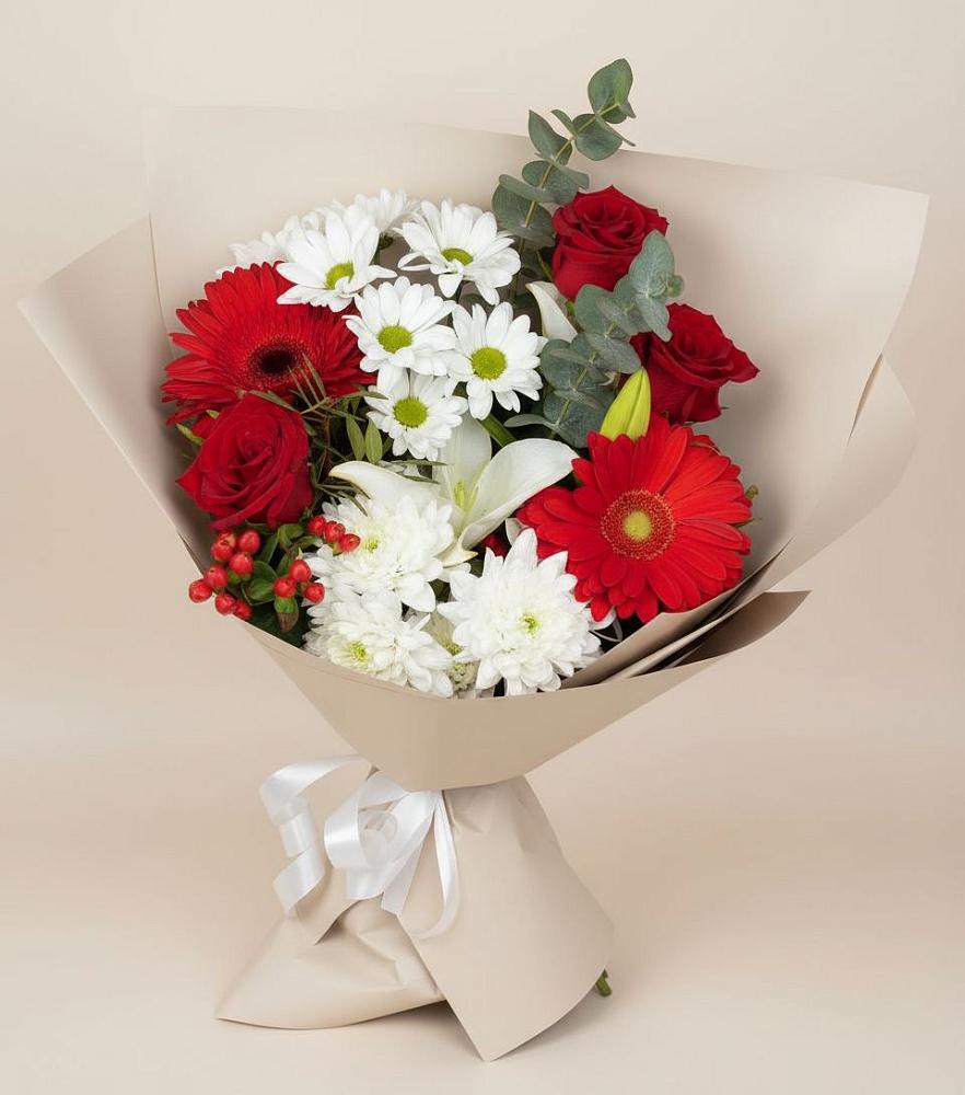 Букет цветов из: Розы, Хризантемы, Герберы и Лилии в Раздолье