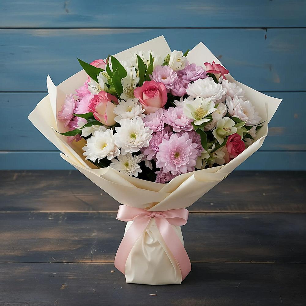 Букет цветов из: Хризантемы, Альстромерии и Розы в Раздолье